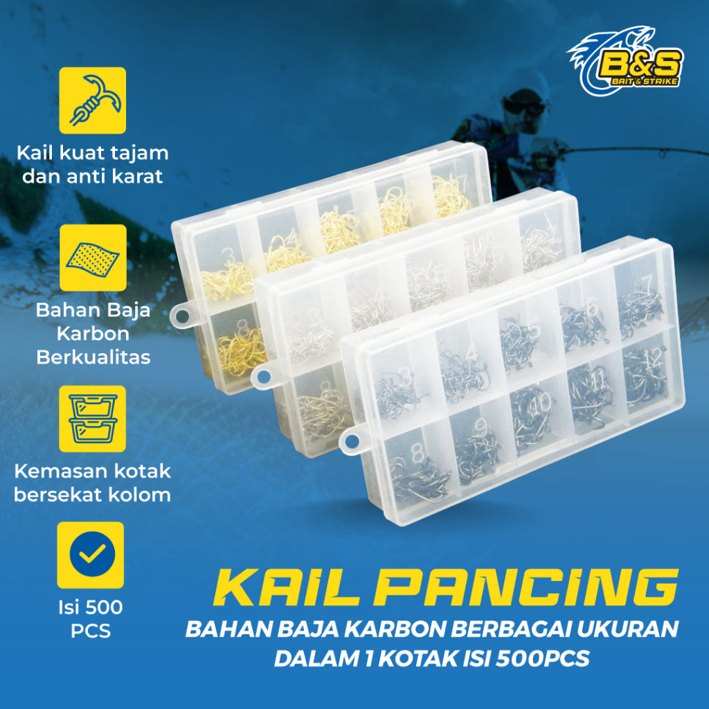 500pcs Kail Pancing Bahan Baja Karbon Berbagai Ukuran dalam 1 kotak kail pancing untuk laut / air tawar KUP153