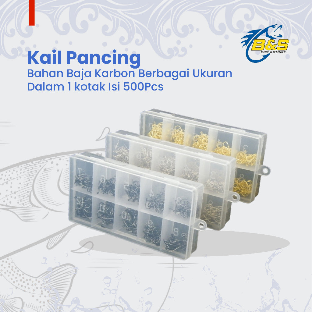 500pcs Kail Pancing Bahan Baja Karbon Berbagai Ukuran dalam 1 kotak kail pancing untuk laut / air tawar KUP153