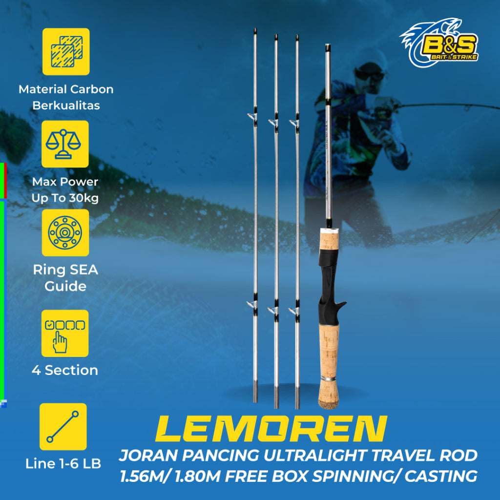 Joran Pancing Ultralight LEMOREN Baitha Lure 1-6lb Joran Travel Rod 1.56m/1.80m free BOX Joran type Spinning dan Casting JP034